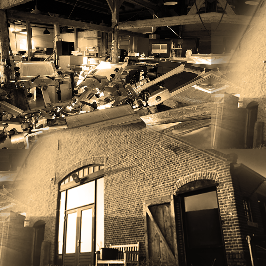 Voorgevel van drukkerij Allesistebedrukken, waar ambachtelijke en hightech druktechnieken samenkomen in een boerenschuur