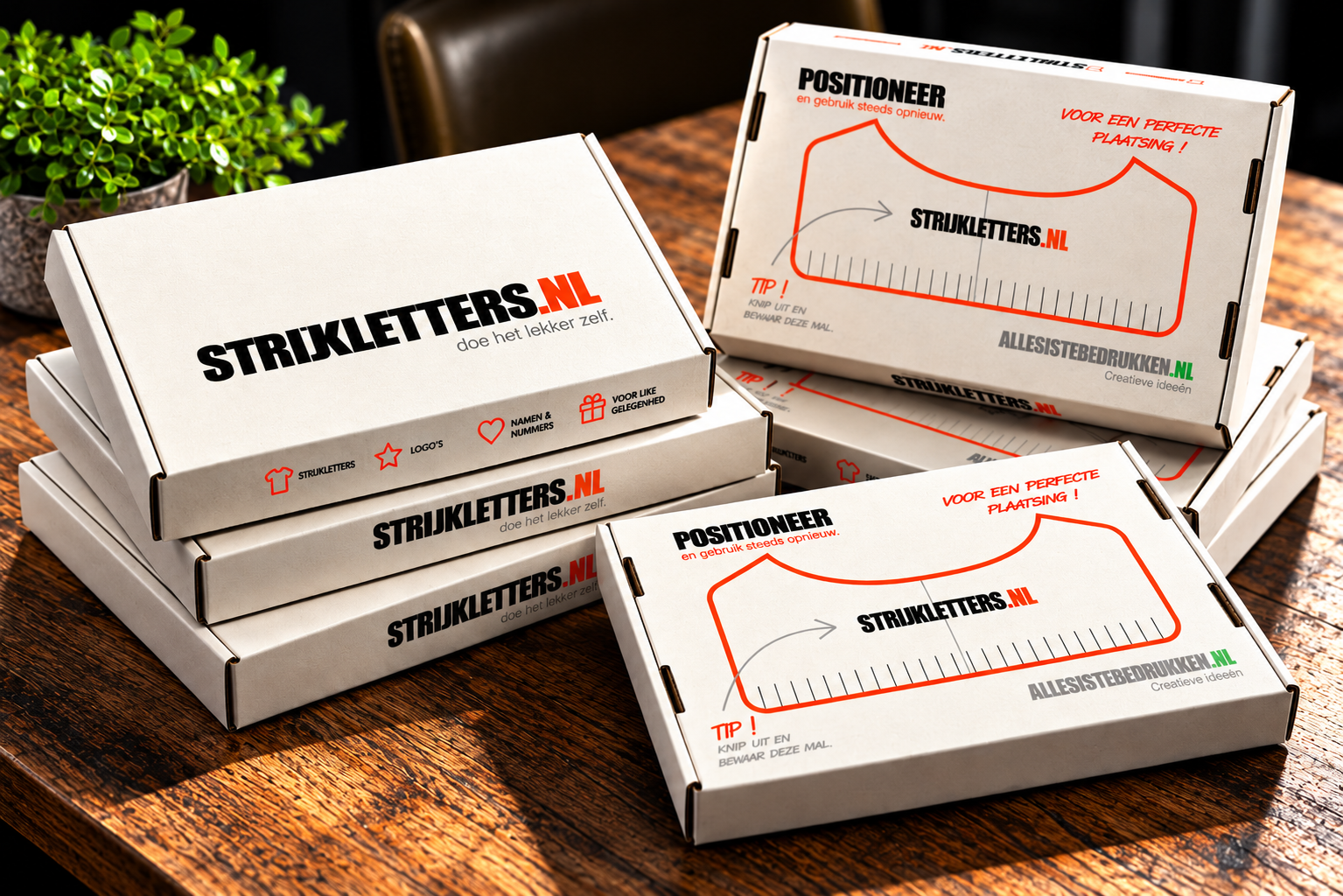 strijkletters.nl brievenbusdoos verpakkingen op houten tafel allesistebedrukken
